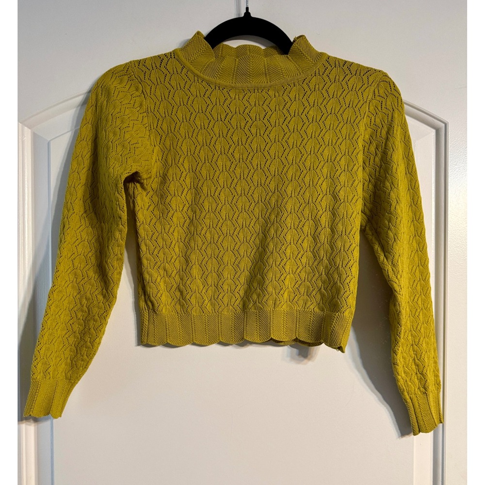 Milk & Honey Sweater Small Mustard Yellow Pointelle Mock Neck Boho Cottagecore